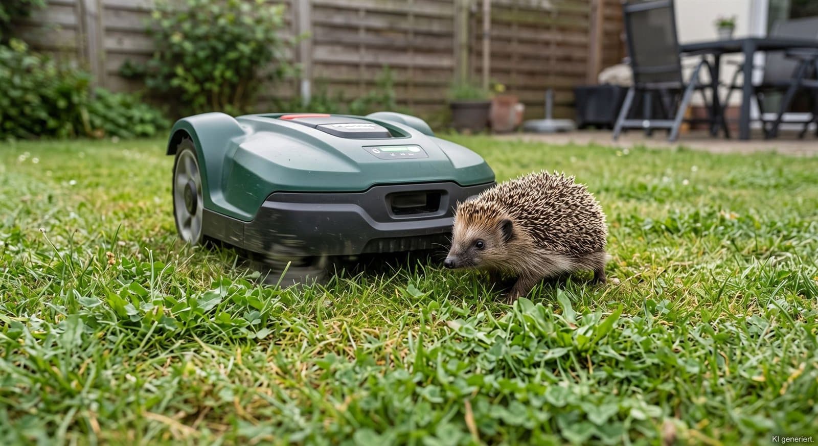 Ein Igel steht dicht vor einem laufenden Mähroboter im Garten.