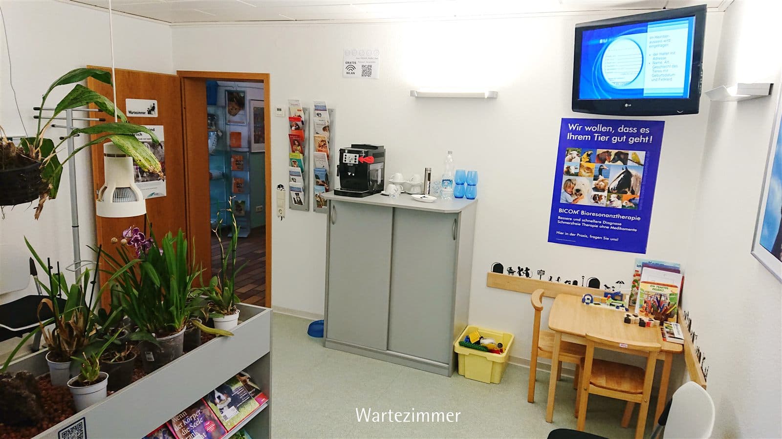 Wartezimmer mit Pflanzen und Bildschirm